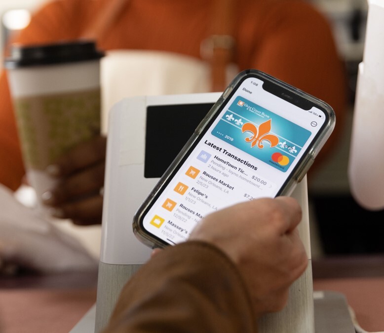 A Gulf Coast Bank card being used to pay from a digital wallet